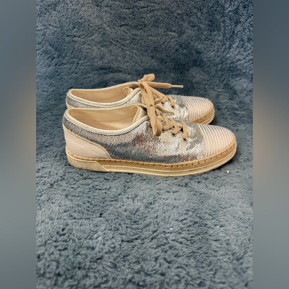 TOD'S Silver Sequin Espadrille Lace-Up Sneakers Sz 36.5/6 Quiet Luxury Designer - Picture 3 of 11